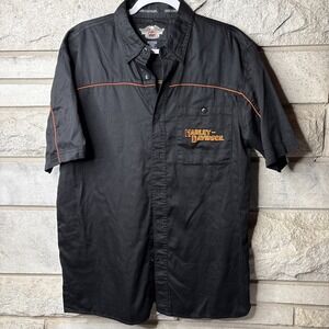 Harley-Davidson Men's M Black Orange Short Sleeve Button Up Work Shirt Vtg